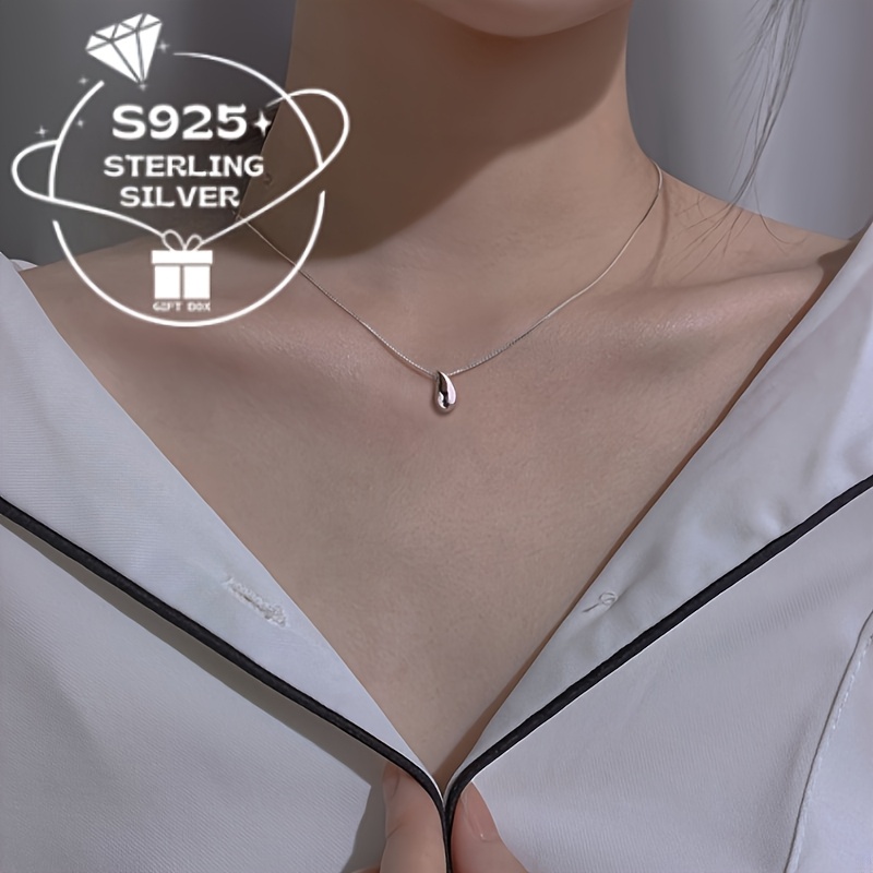 S925 Sterling Silver Droplet Shaped Pendant Necklace